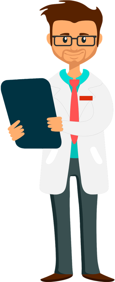 a man in a lab coat holding a clipboard