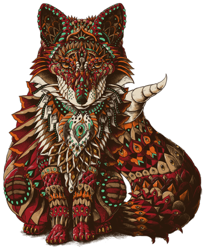 a drawing of a fox with colorful patterns