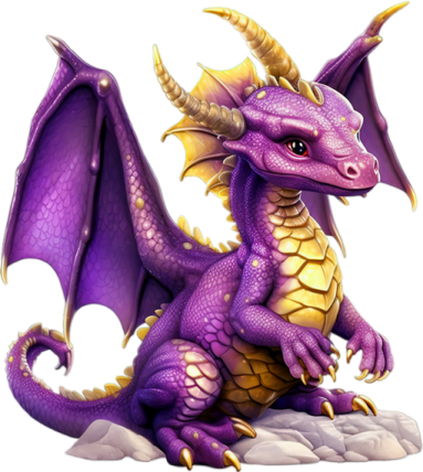 a purple dragon sitting on top of a rock