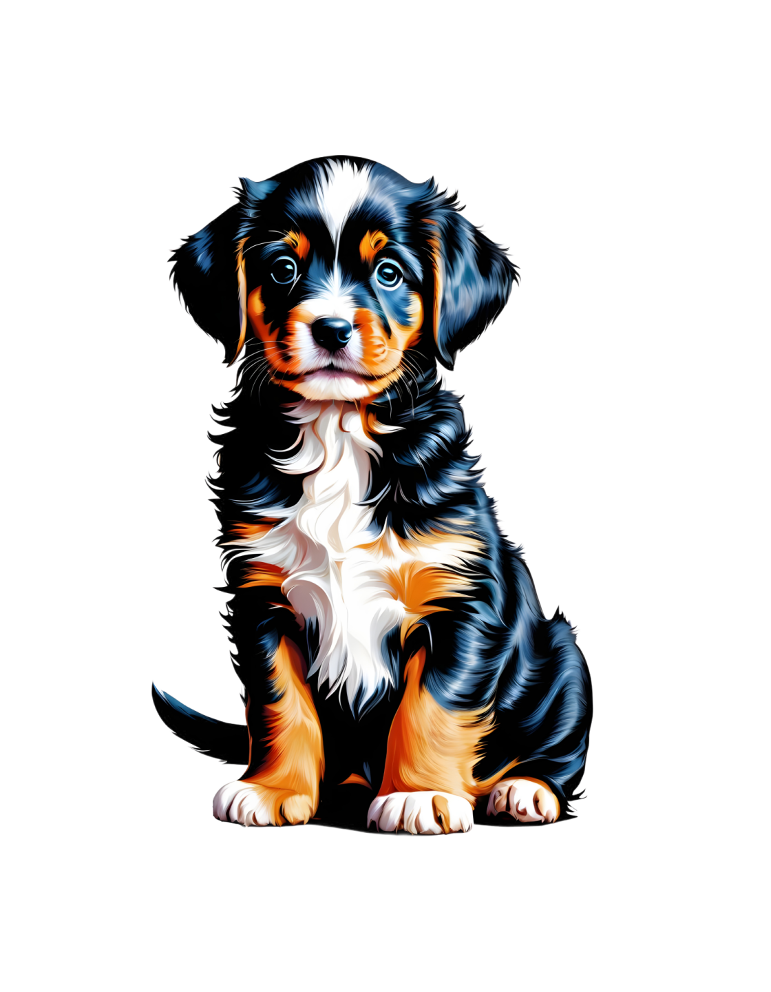 a black and white puppy sitting on the ground