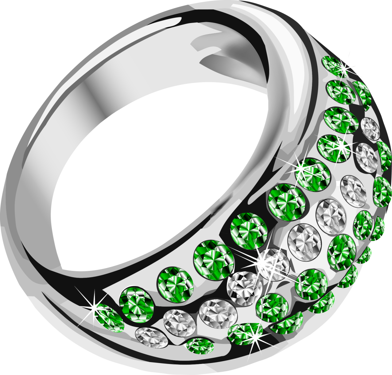 a white gold ring with green gems