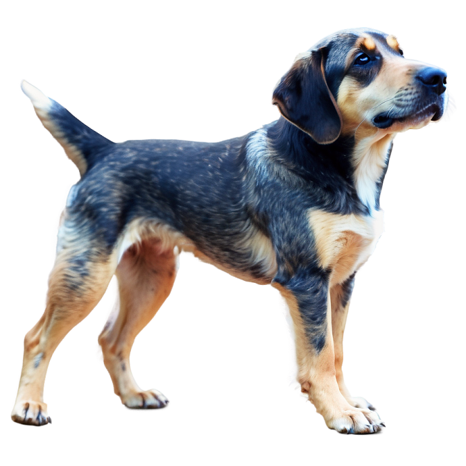 a black and tan dog standing on a white background