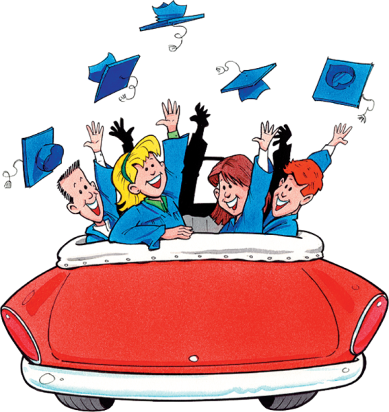 a group of people in a red car with graduation hats