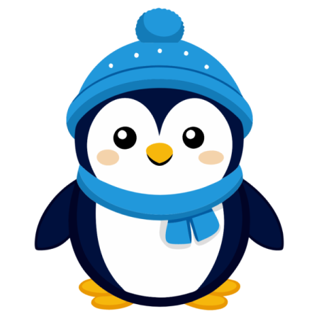 a penguin wearing a blue hat and scarf
