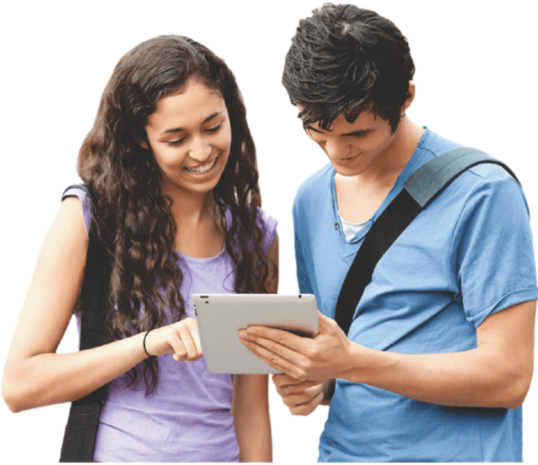 a man and woman looking at a tablet