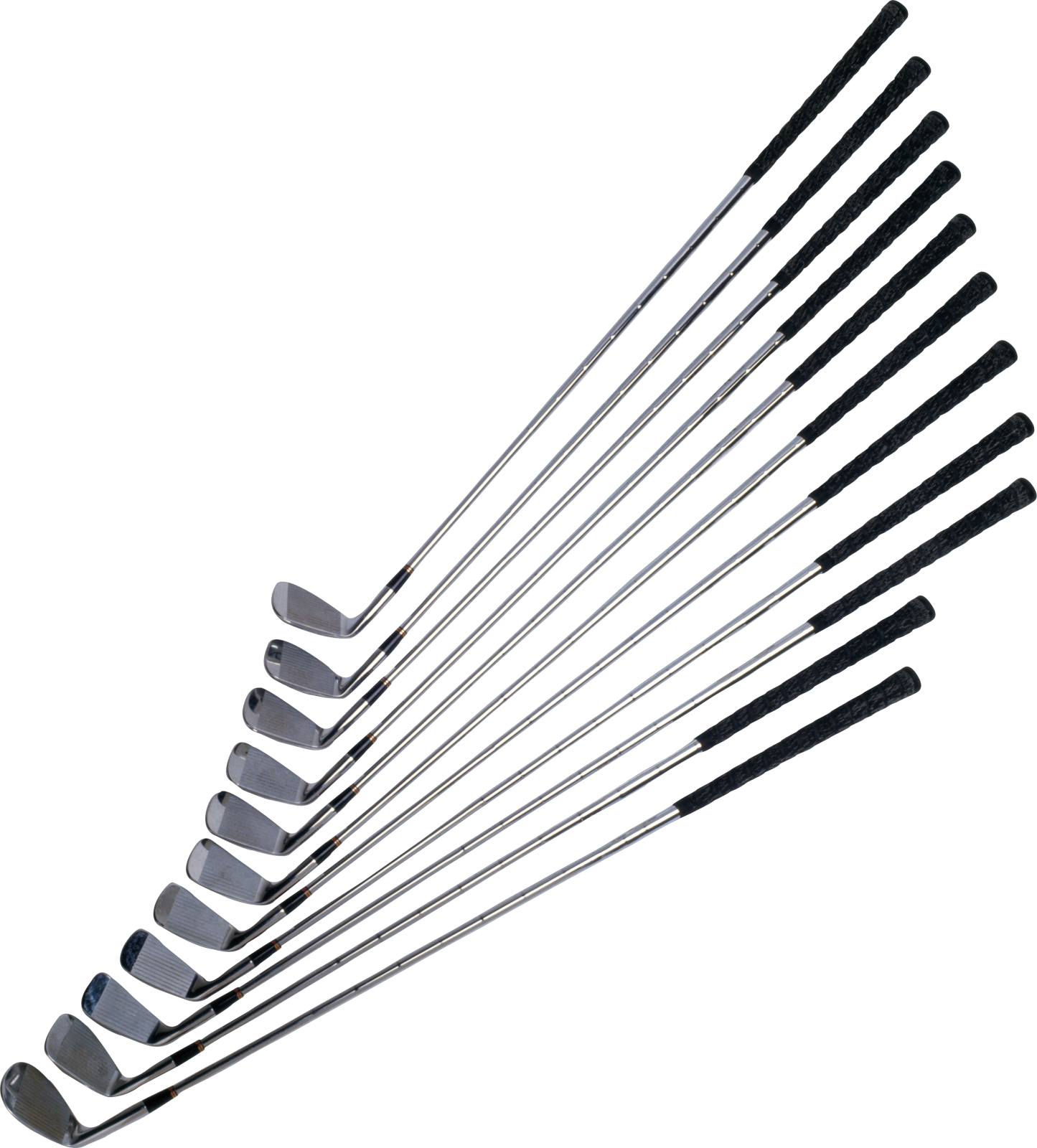 a set of five golf clubs on a white background