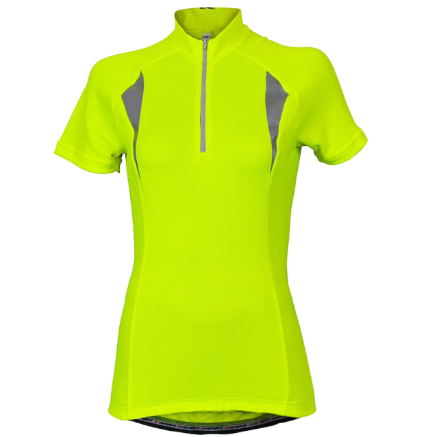 a women's short sleeved cycling jersey in neon yellow