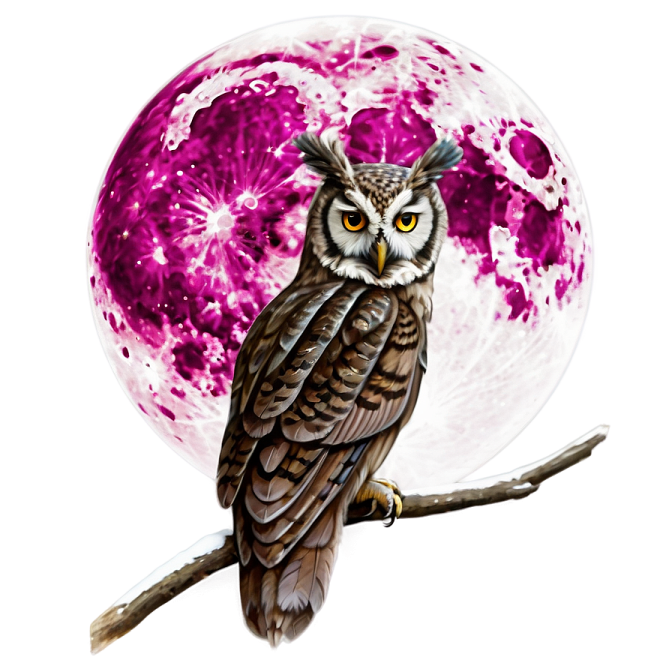 an owl sitting on a branch with the moon in the background