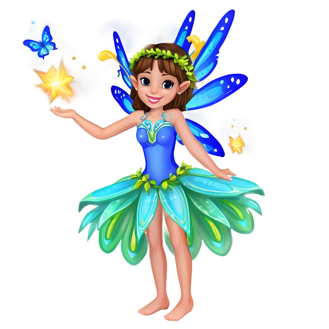 a cute little fairy with blue wings and green dress