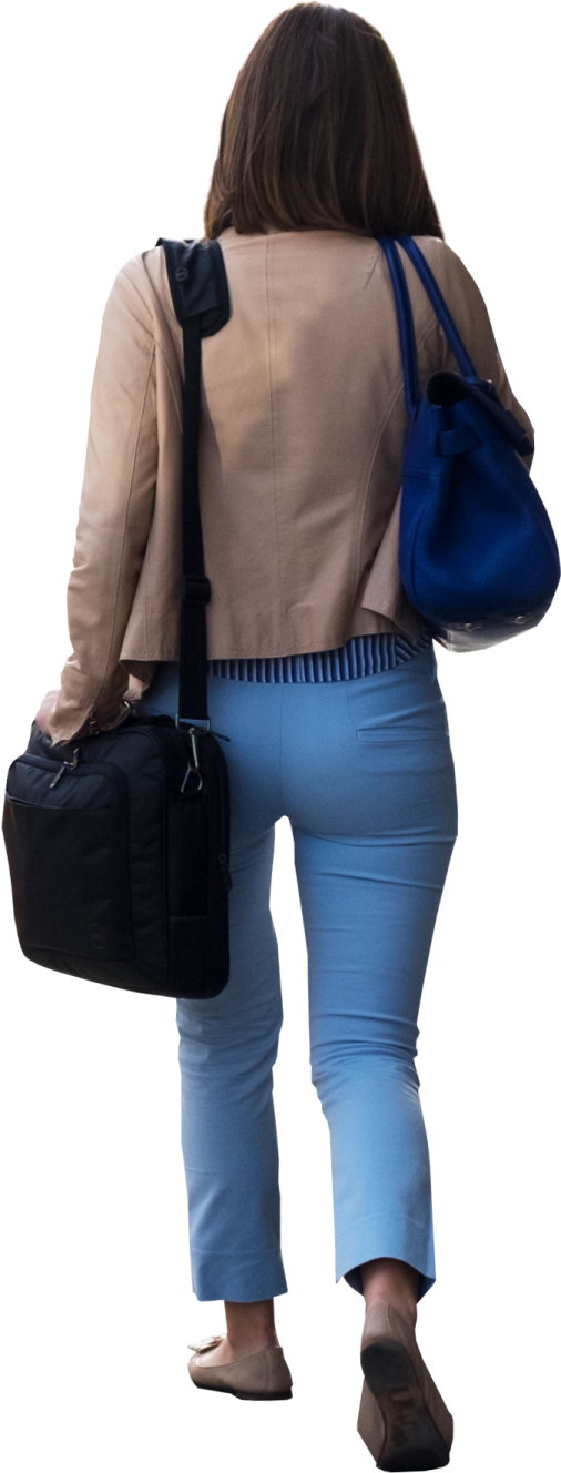 a woman in blue jeans and a jacket carrying a black bag