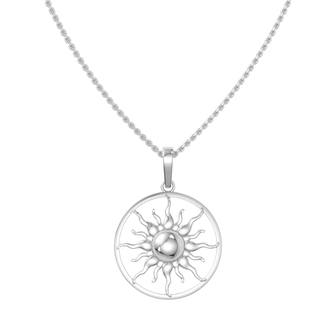 a silver sun pendant on a white background