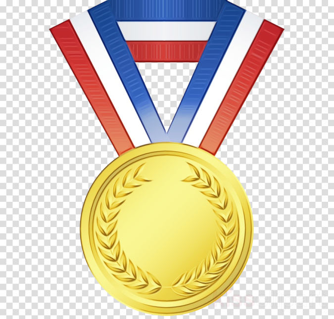 a gold medal with red, white and blue ribbons
