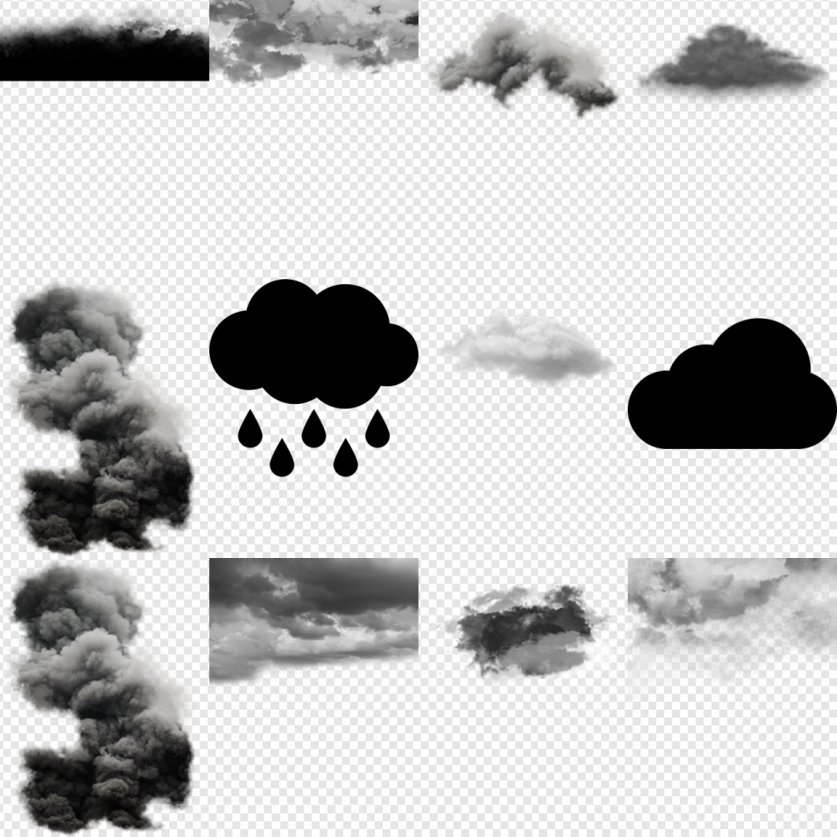 a set of black and white clouds with drops