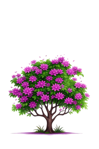 a tree with pink flowers and green leaves
