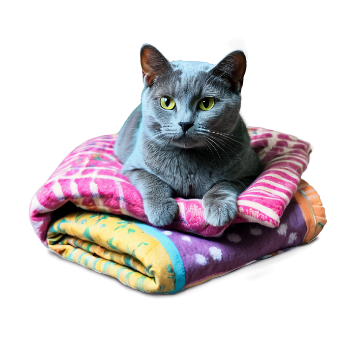 a cat sitting on top of a pile of blankets