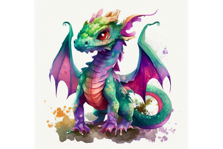 a watercolor painting of a green and purple dragon