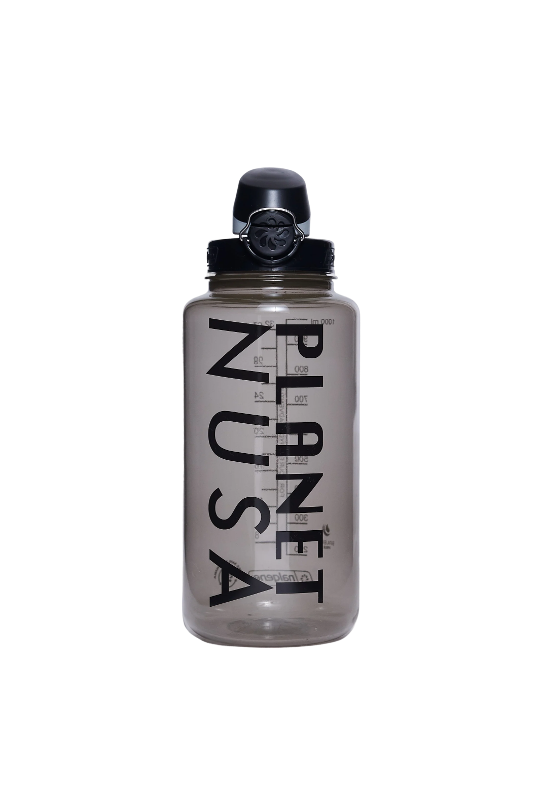 a plastic water bottle with a black cap