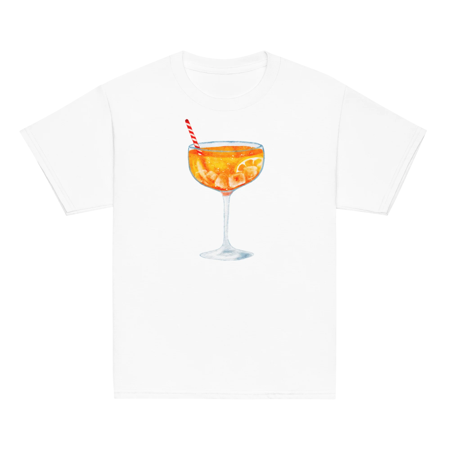 a white t - shirt with an orange cocktail in it