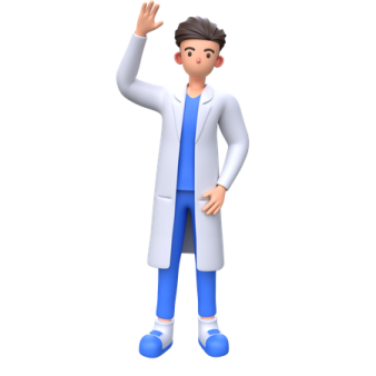a man in a white coat and blue pants