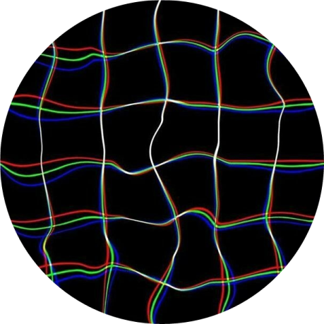 a black circle with colorful lines in the center
