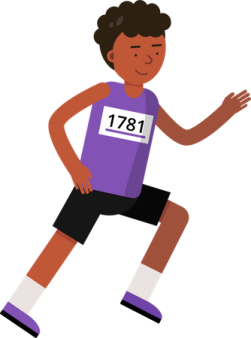 a boy in a purple shirt and black shorts running