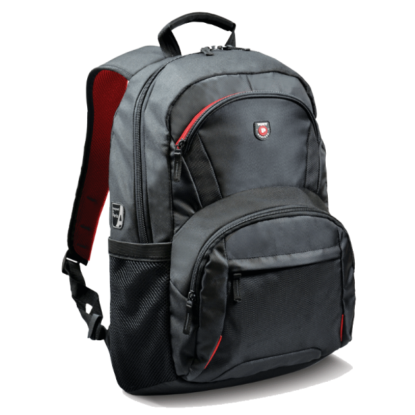 a black backpack with red accents