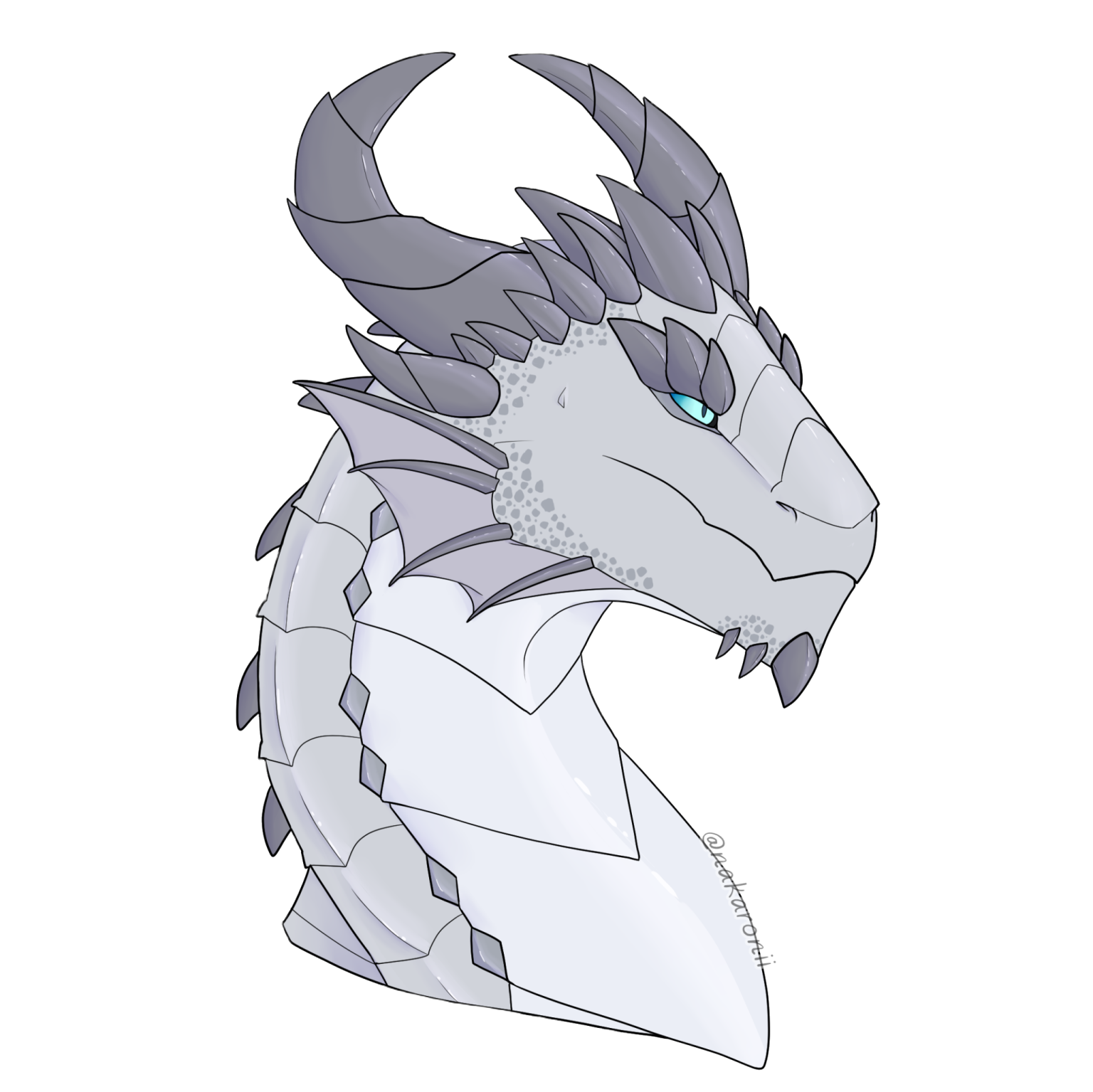 a drawing of a white dragon with blue eyes
