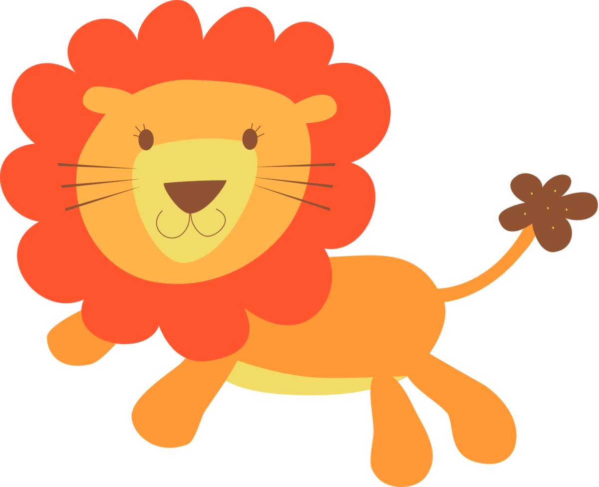 a cartoon lion with a leaf in its mouth