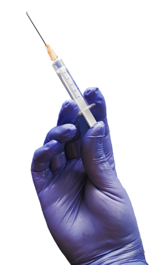 a hand in blue gloves holding a sy