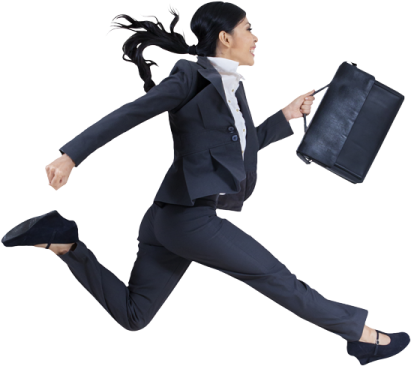 a woman in a business suit running with a briefcase