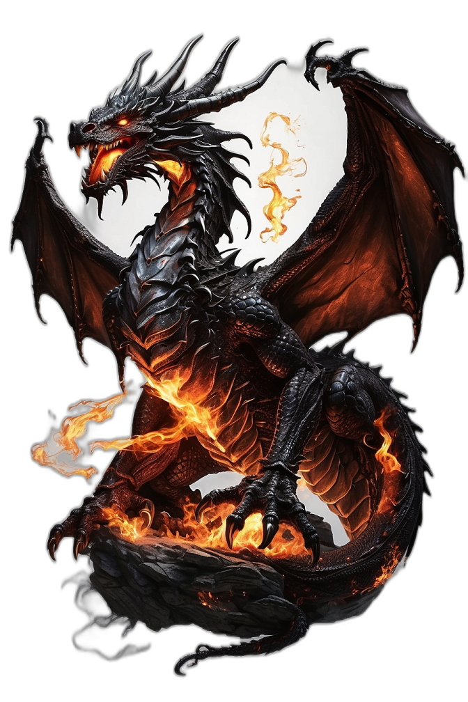 a black dragon sitting on top of a fire