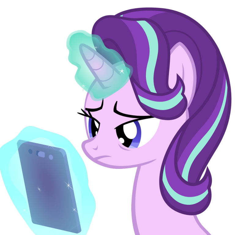 a purple pony looking at a cell phone