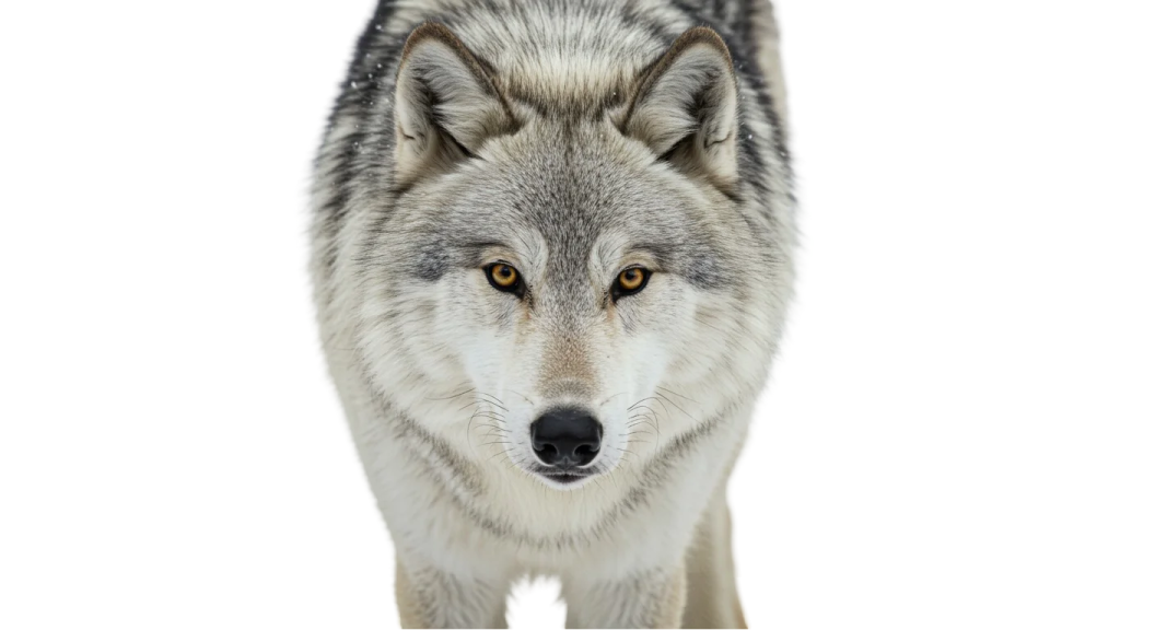 a gray wolf looking at the camera