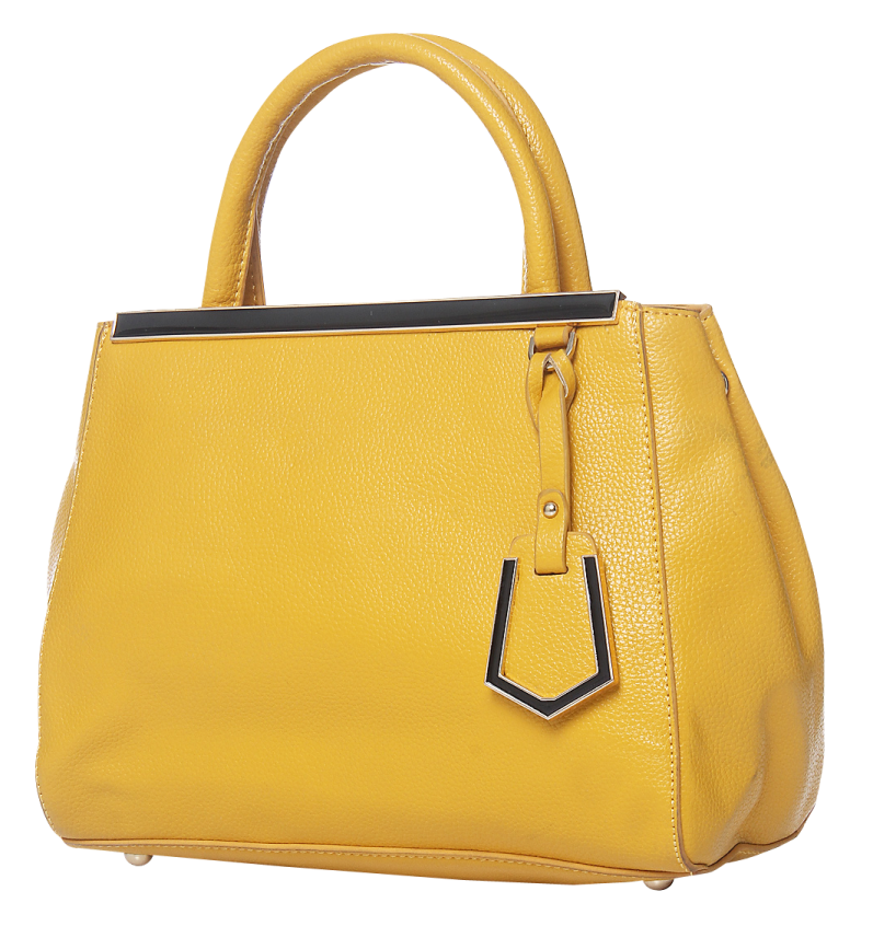 a yellow handbag on a white background