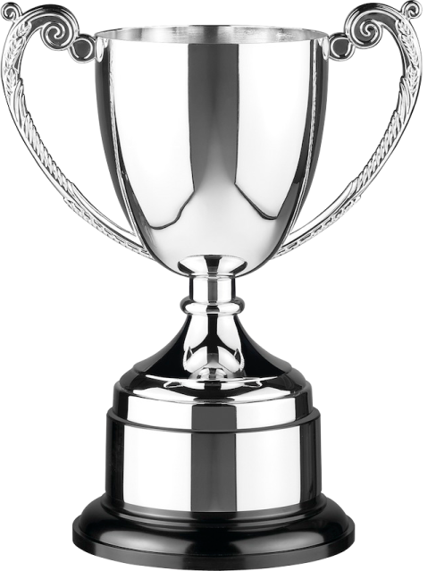 a silver trophy on a black stand