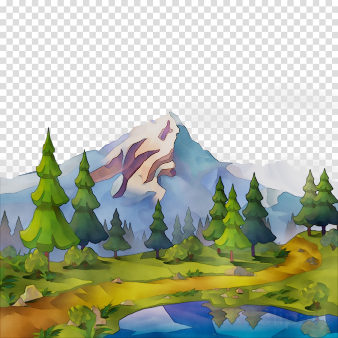 a mountain landscape with trees and watercolors