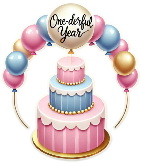 a birthday cake with balloons and the words one year