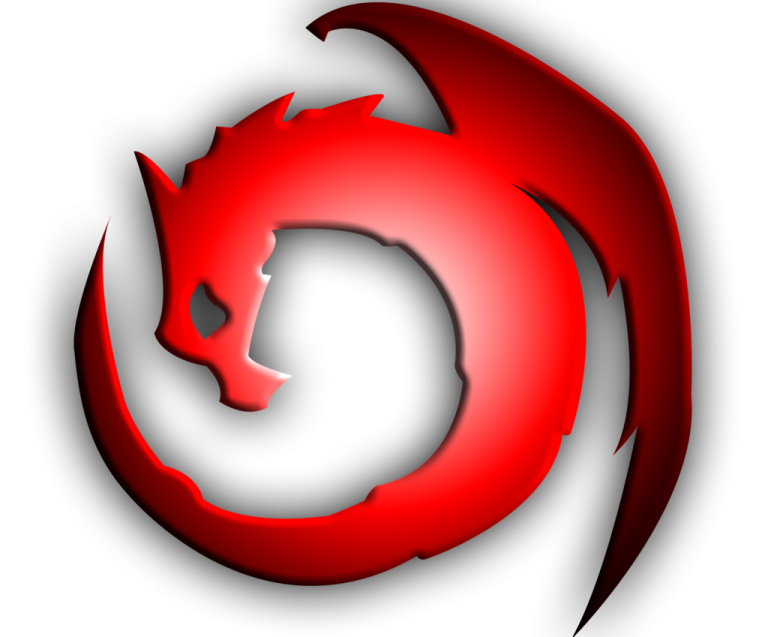a red dragon logo on a white background