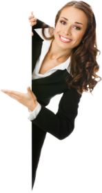 a woman in a business suit holding a blank sign