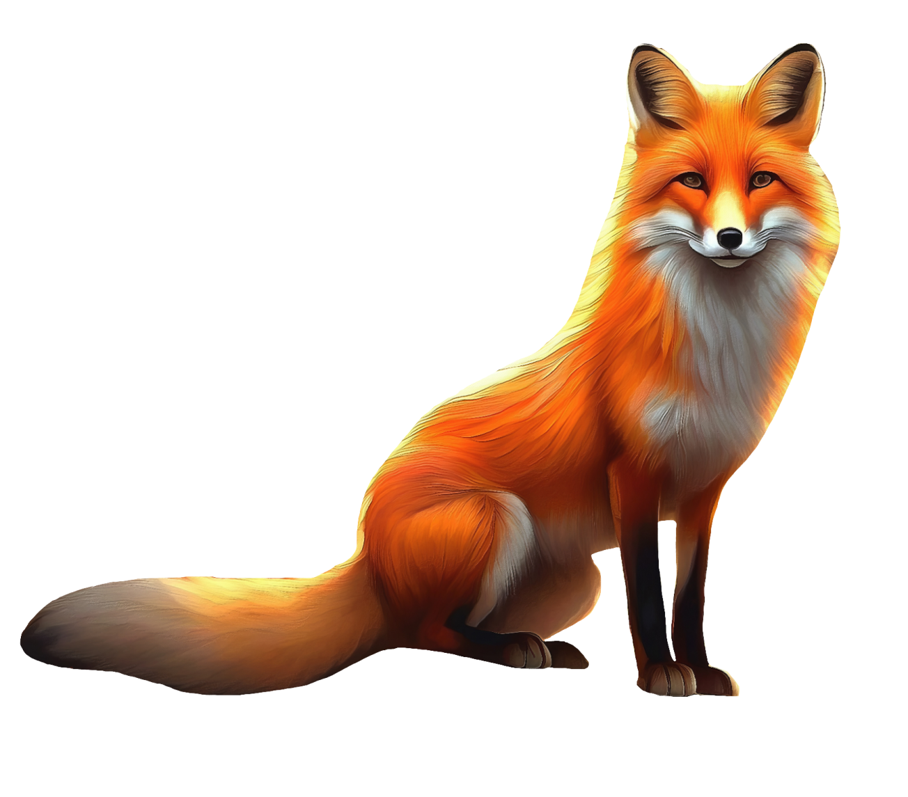 a red fox sitting down and looking at the camera