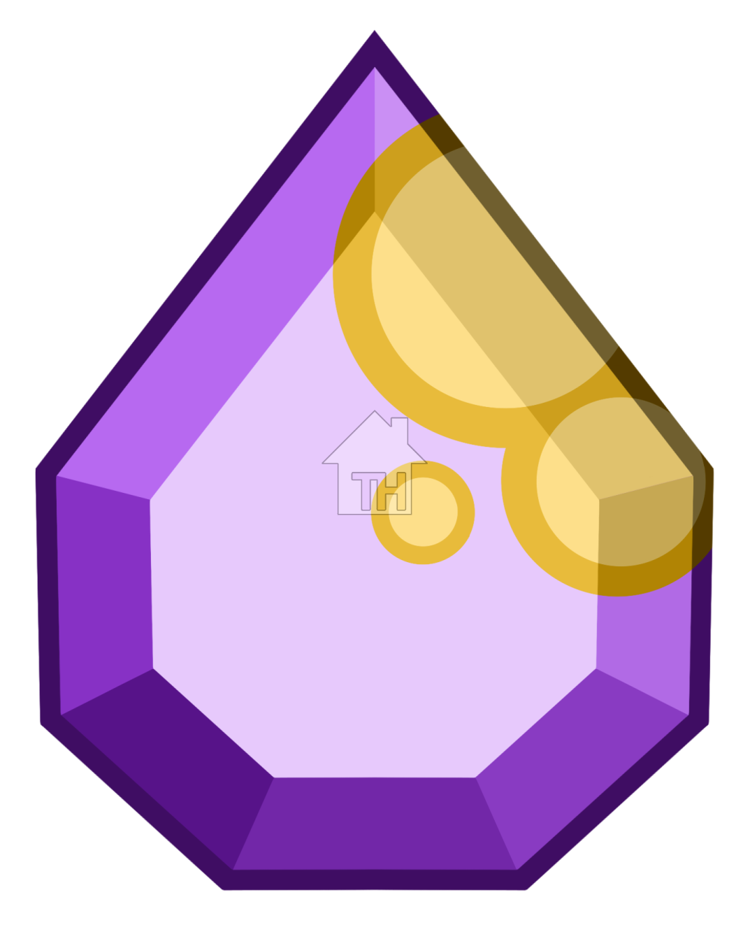 a purple diamond with two gold coins