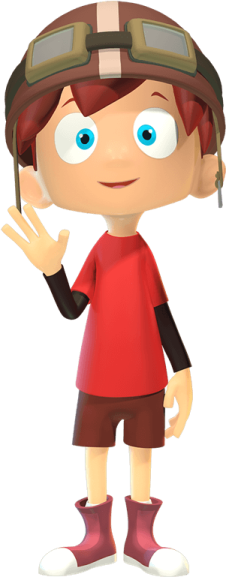 a cartoon boy in a red shirt and helmet