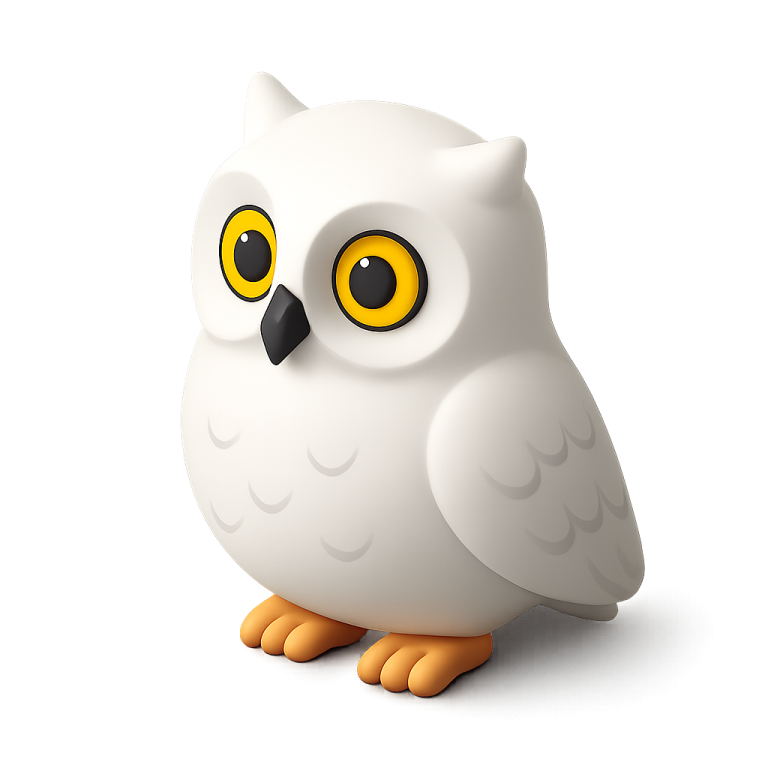a white owl with yellow eyes sitting on the ground