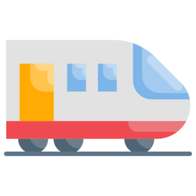 a white train with orange and blue stripes