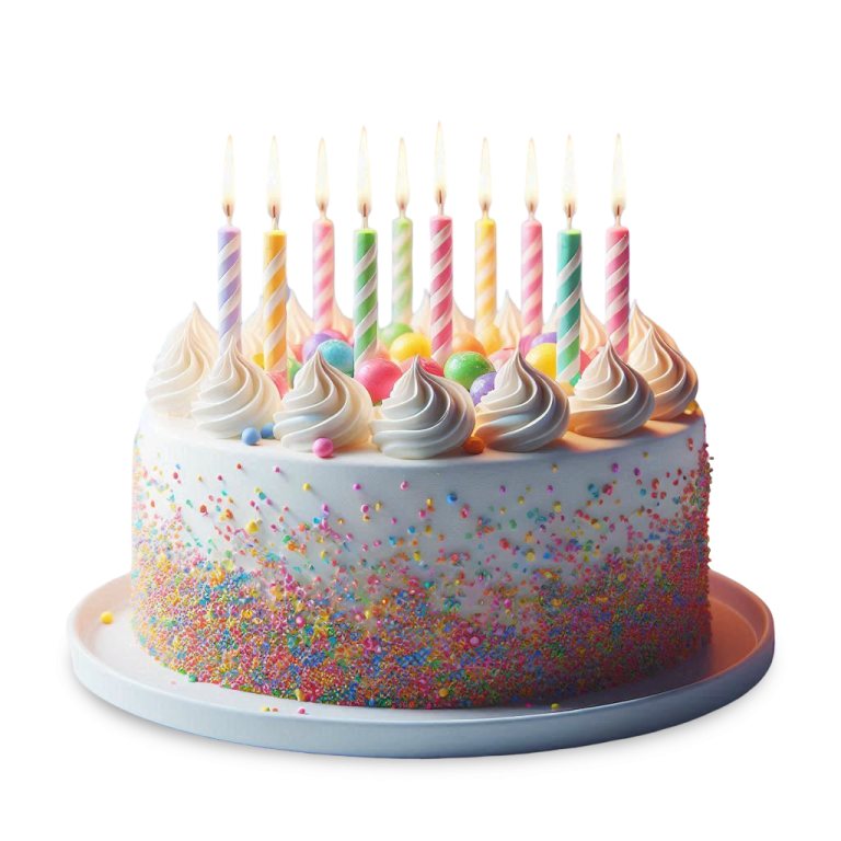 a birthday cake with white frosting and colorful candles