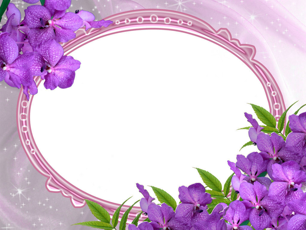 a frame with purple flowers and green leaves