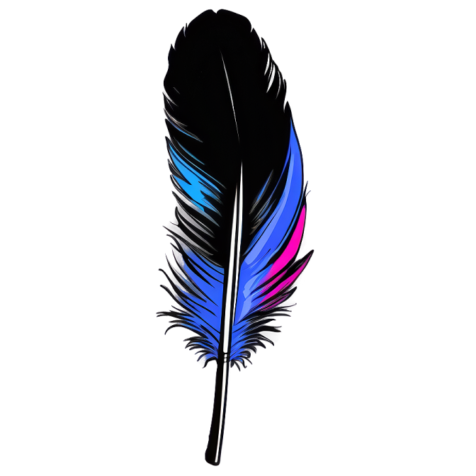 a black and blue feather on a white background