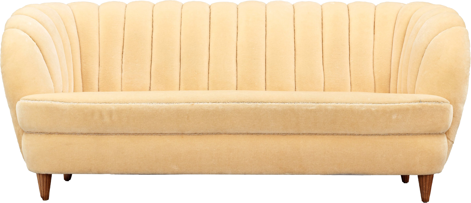 a cream colored sofa with pleaed upholing