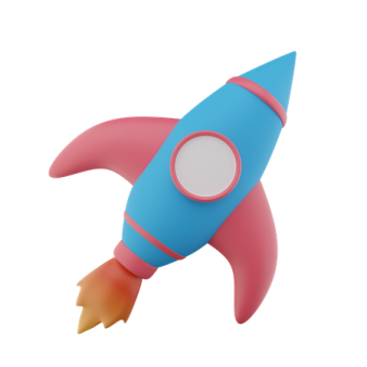 a blue and pink rocket is flying through the air