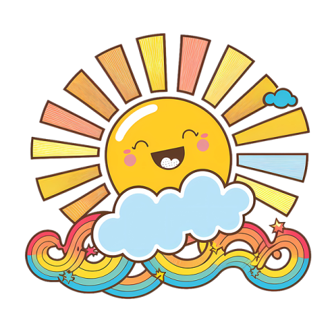 a cartoon sun with clouds in the sky